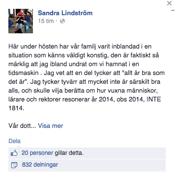 Sandra Lindström har skrivit om händelsen på Facebook,